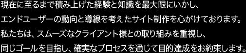現在に至るまで積み上げた経験と知識を最大限にいかし、エンドユーザーの動向と導線を考えたサイト制作を心がけております。私たちは、スムーズなクライアント様との取り組みを重視し、同じゴールを目指し、確実なプロセスを通じて目的達成をお約束します。